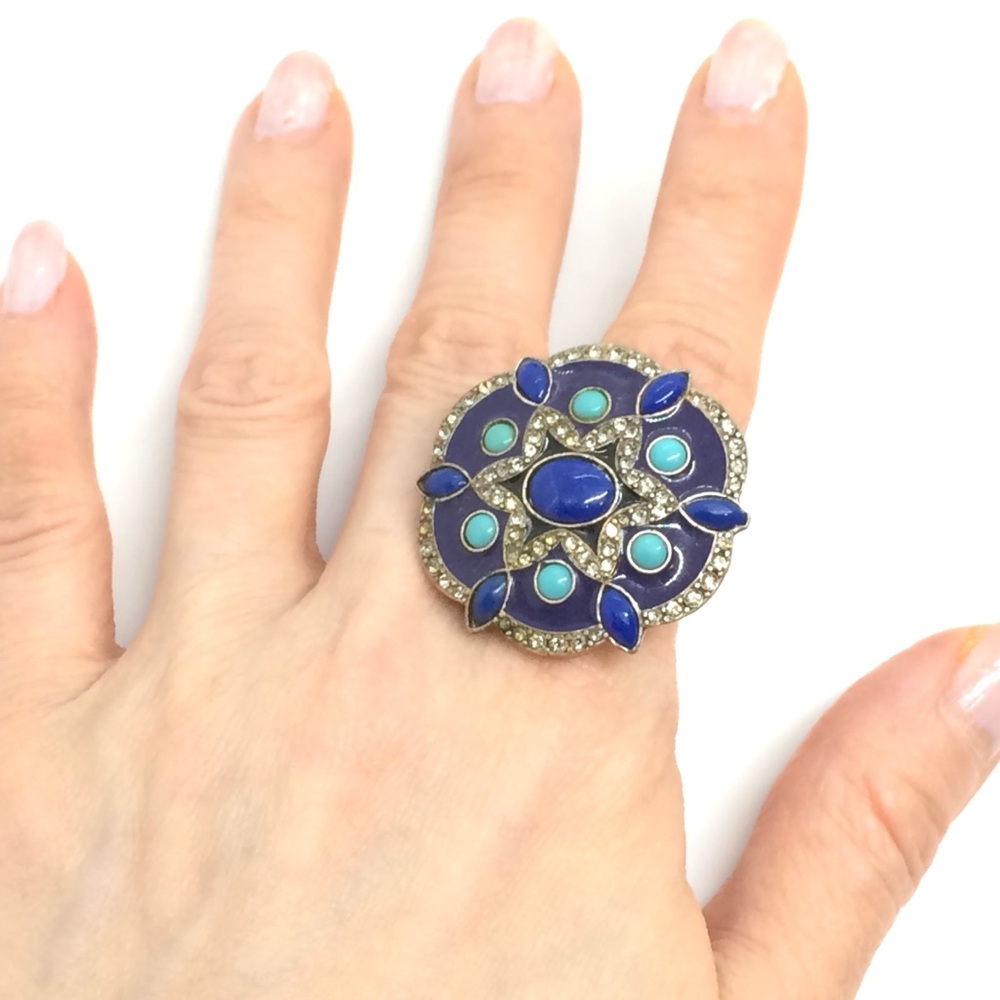 ENAMEL LAPIS TURQUOISE COLOR SILVER TONE STATEMENT COCKTAIL RING MOROCCAN 6.75